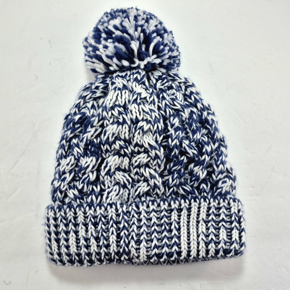 NWOT G.H. Bass & Co. Blue White Chunky Knit Fleece Lined Pom Pom Beanie Hat OS